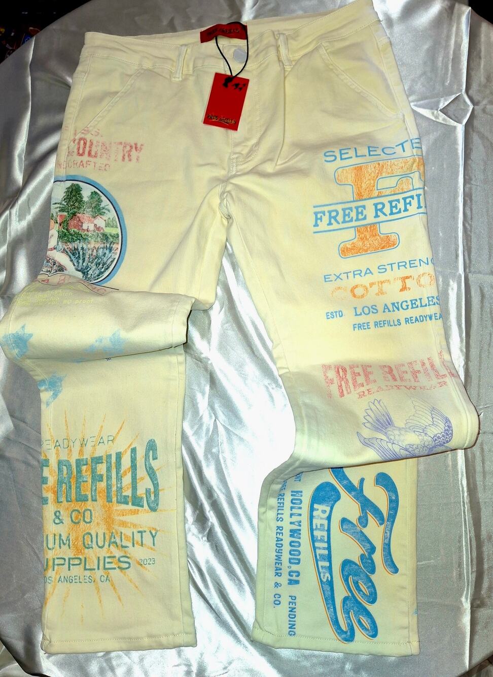 NWT FREE reFILLS FR Carpenter Pants Cream Graphic Print Mens Size 32
